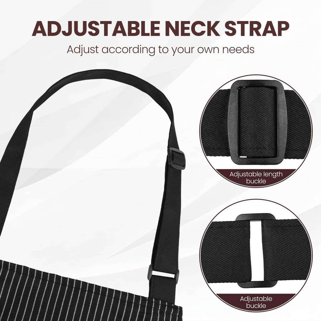 Black pinstripe apron with adjustable neck strap and buckle, close-up detail