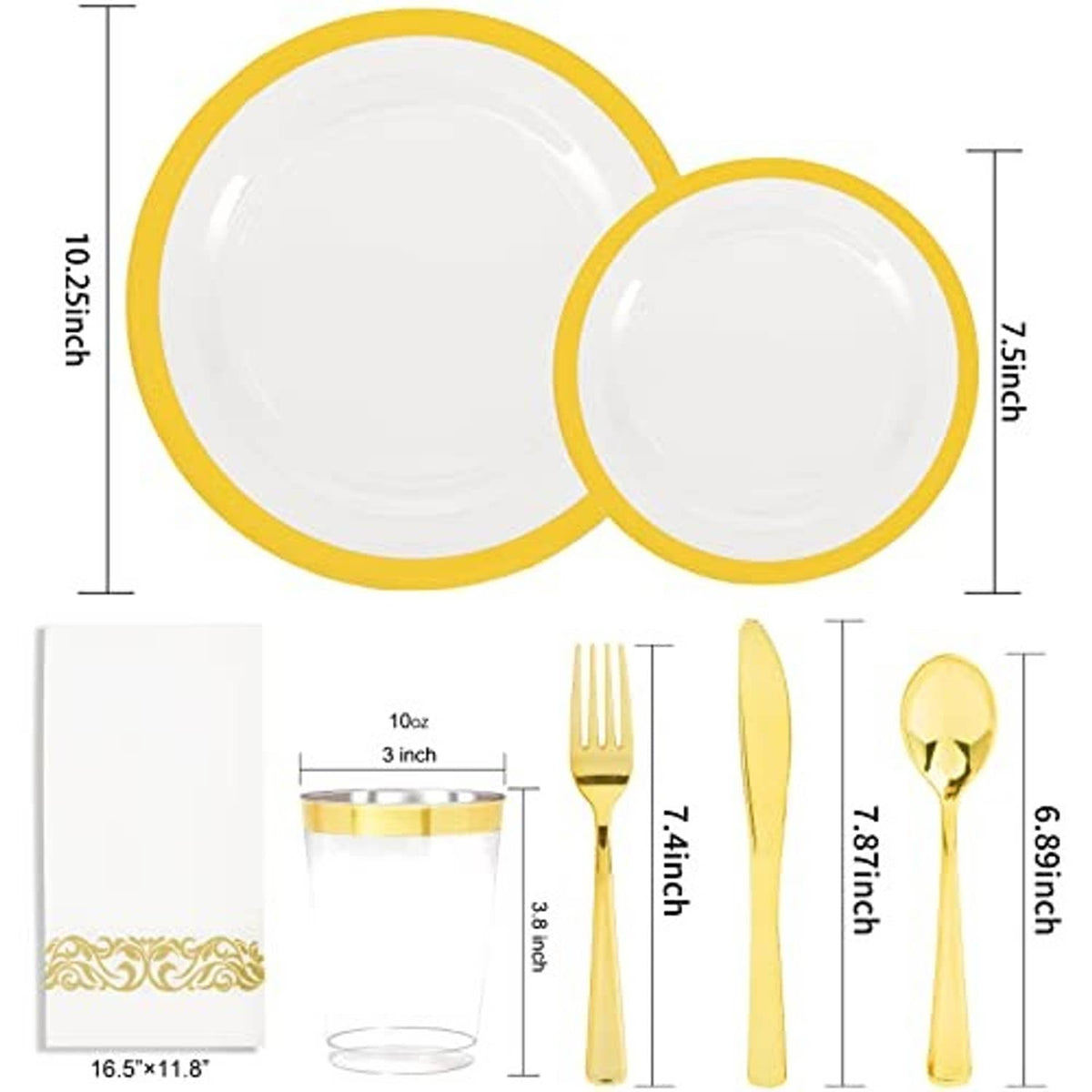 Gold-rim plates with clear cups and gold cutlery set on white layout card