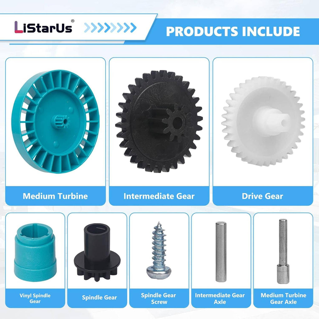 Turquoise and black gear kit components: turbine, intermediate gear, and drive gear