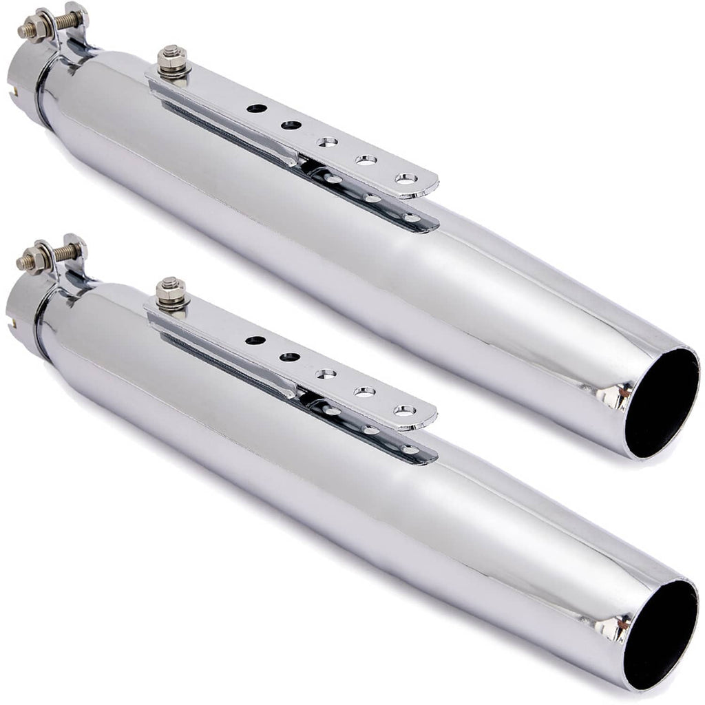 Pair of chrome motorcycle exhaust slip-on mufflers with flanged inlet and slotted strap