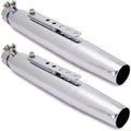 Pair of chrome motorcycle exhaust slip-on mufflers with flanged inlet and slotted strap