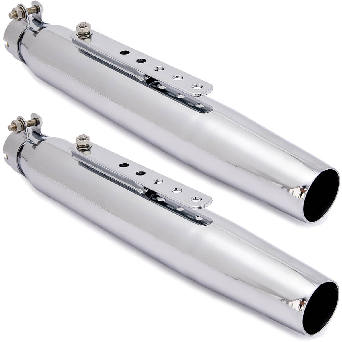 Pair of chrome motorcycle exhaust slip-on mufflers with flanged inlet and slotted strap