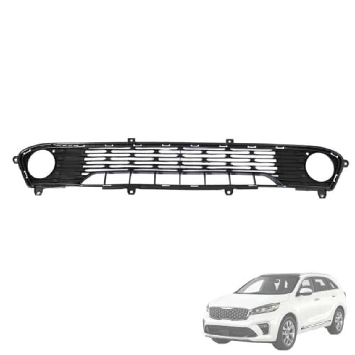 Front bumper lower grille, black with horizontal bar grille and two round fog light openings
