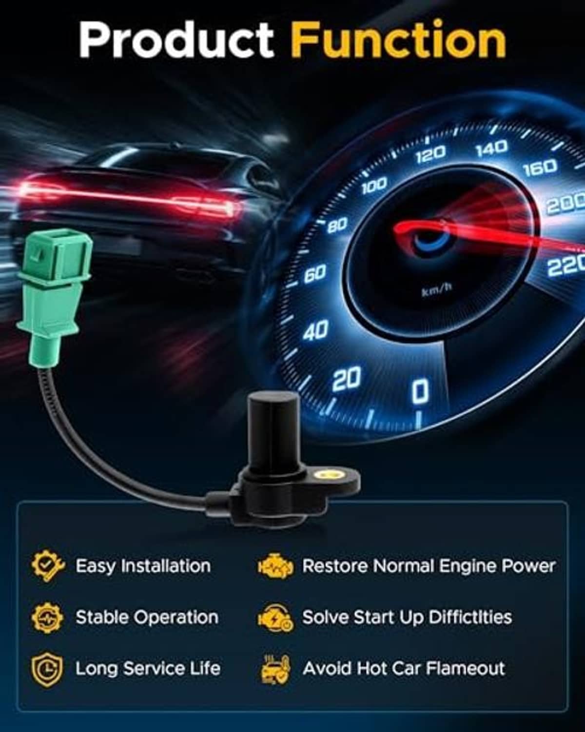 Camshaft position sensor with green connector near vehicle speedometer graphic