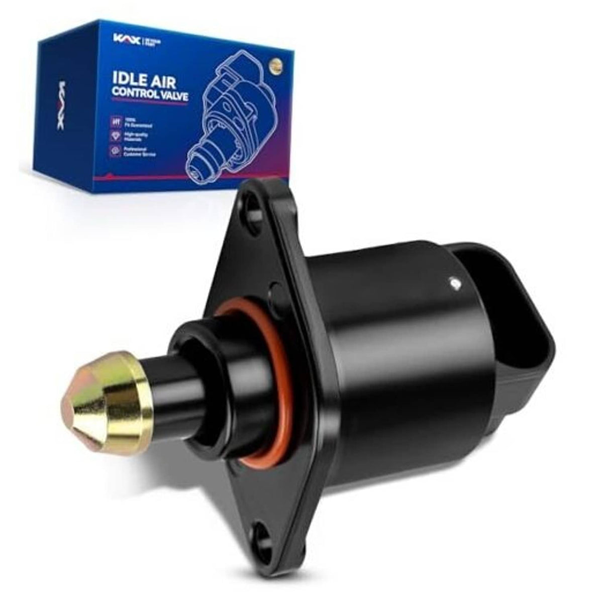 Black idle air control valve with brass port, orange seal ring, and mounting flange