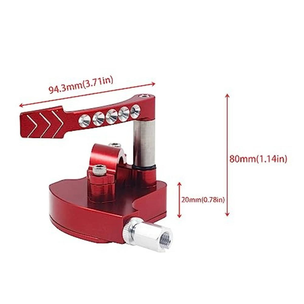 Red billet throttle thumb assembly with lever, silver tube, and height measurement arrows