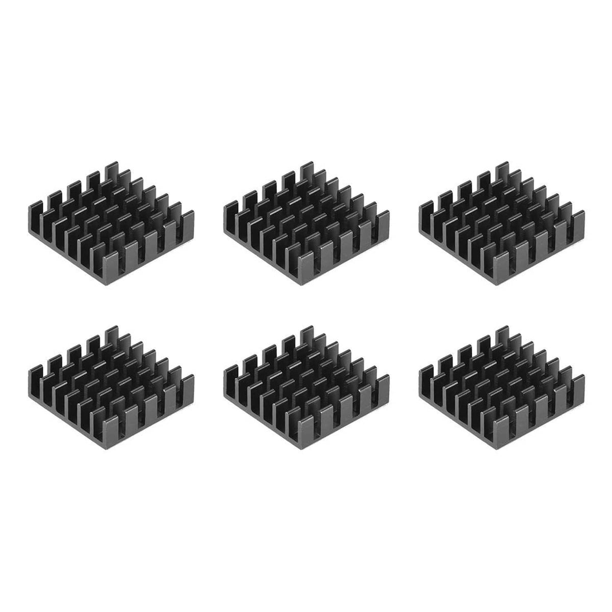 Set of six black aluminum heatsinks with thermal adhesive, 20x20x6mm