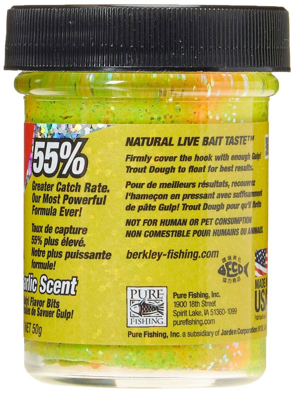 Gulp! Trout bait jar back label with 55% catch rate, natural garlic scent