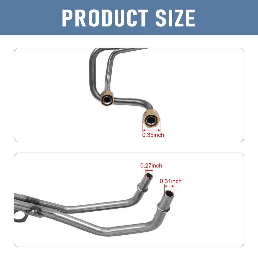 Diesel fuel return line assembly showing two ports and mounting bracket, curved steel