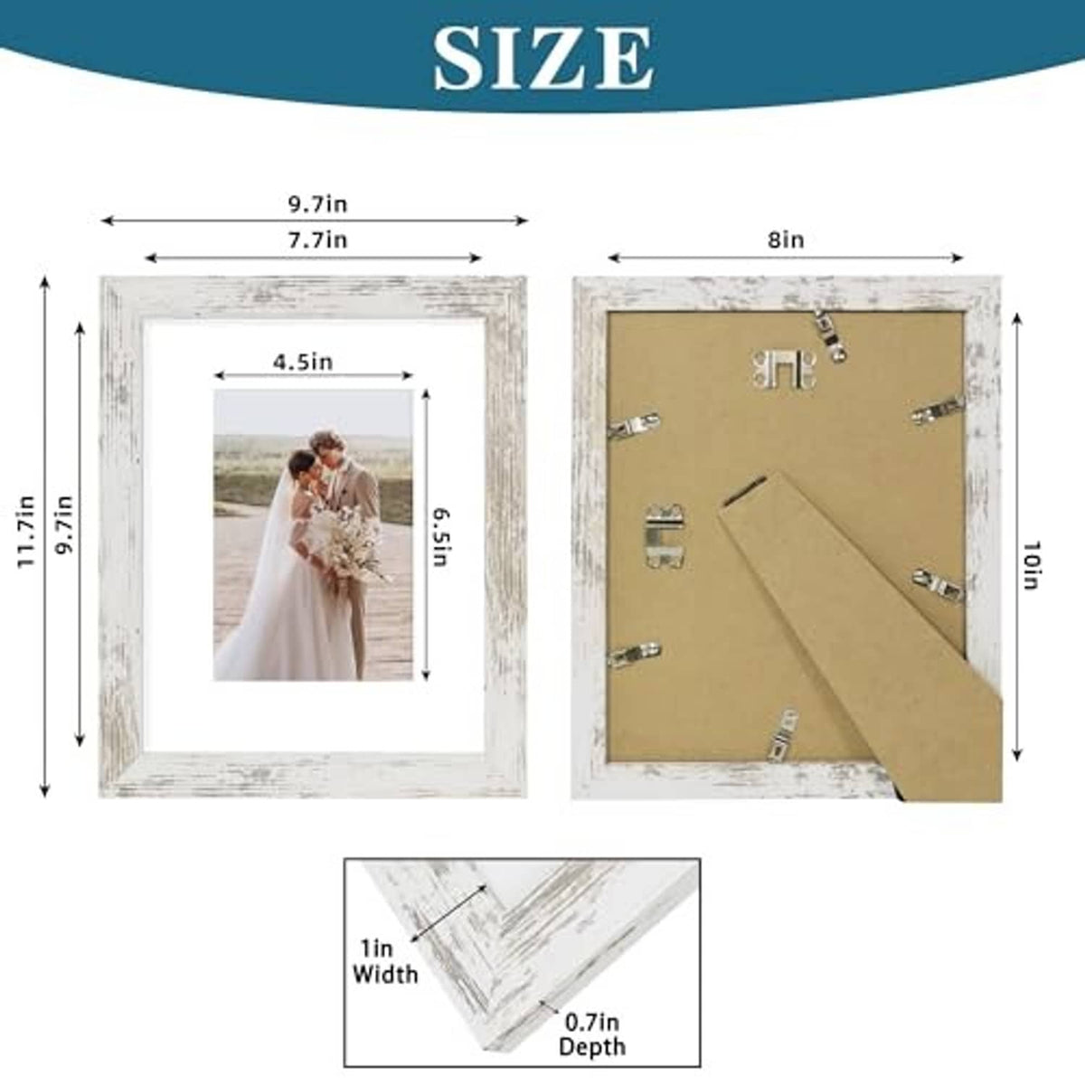 Distressed white 8x10 frame set with glass, mat, and rear hanging hardware