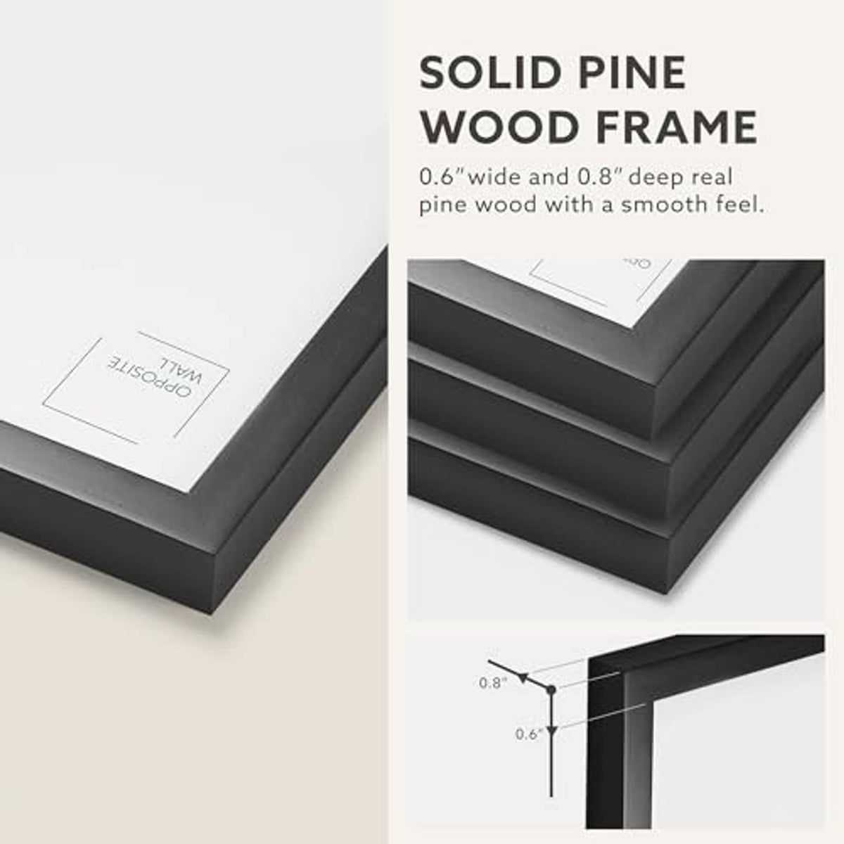 Solid pine wood picture frame in black with smooth, layered side profile