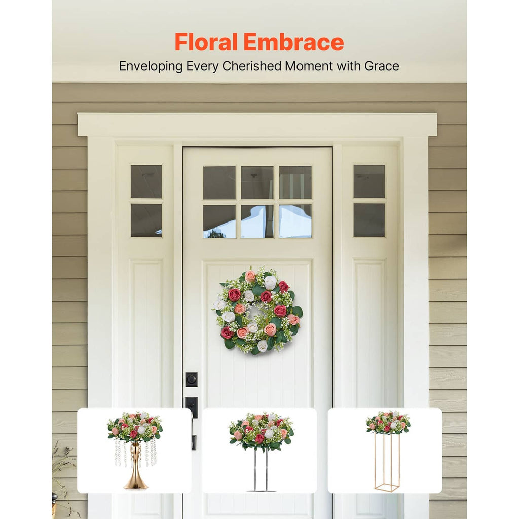 Artificial rose flower wreath ring centerpiece with red, pink, and white rose blooms on a stand