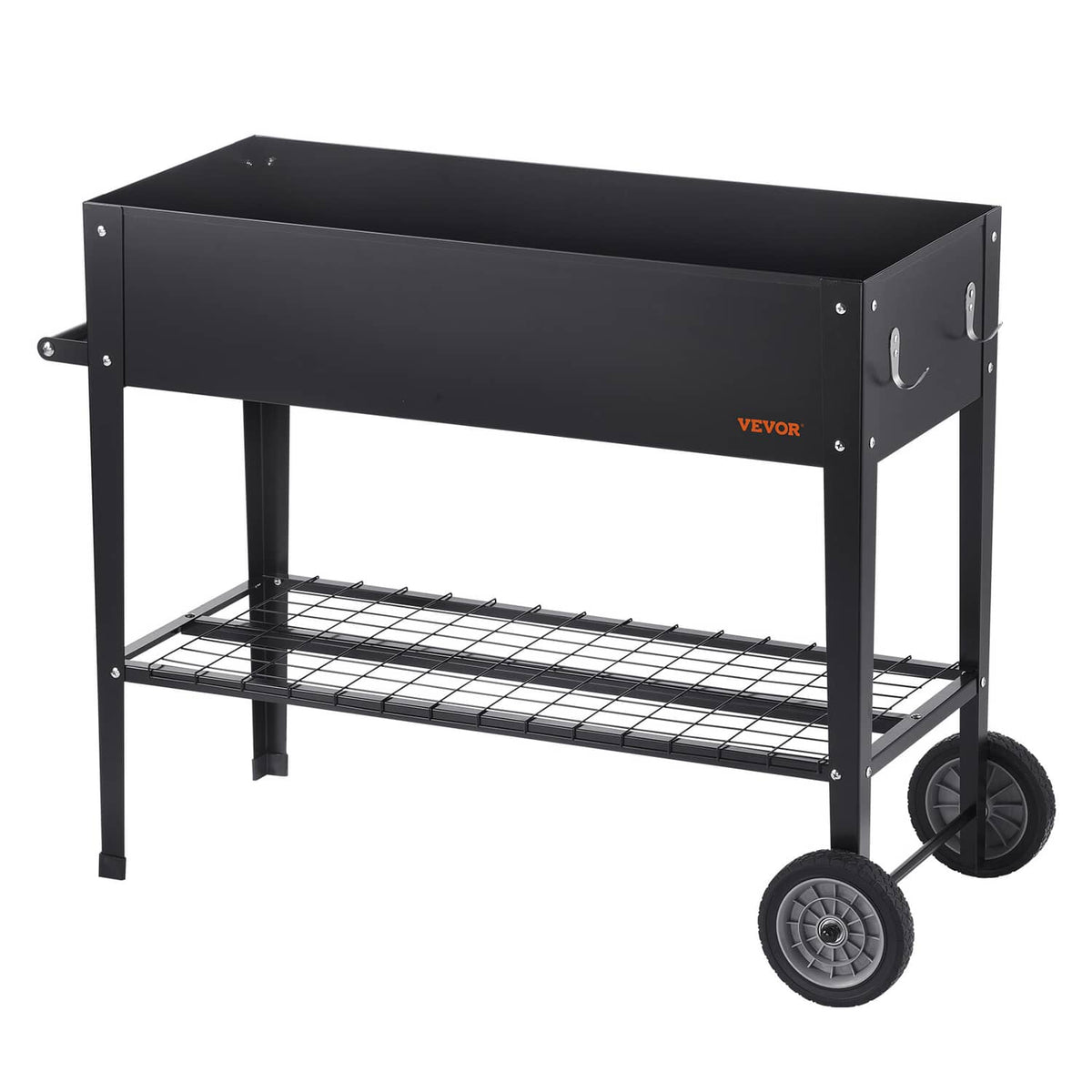 Black galvanized steel raised garden bed with top tray, lower wire shelf, and caster wheels