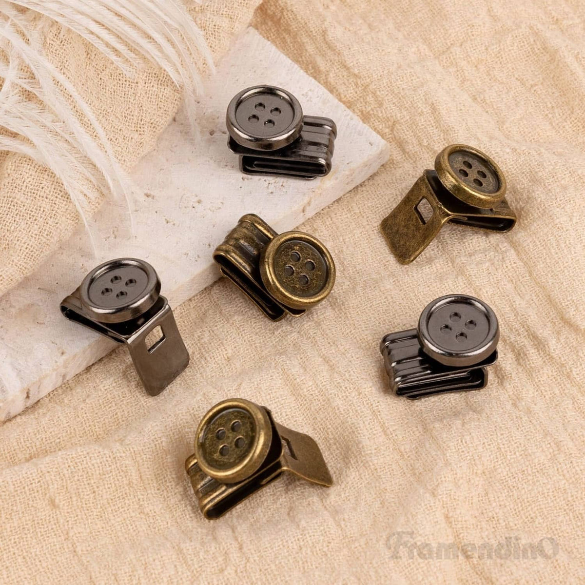 Metal no-sew suspender end clips with round button plates, mixed bronze and silver