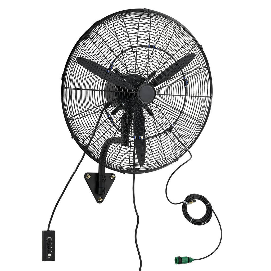 Wall-mounted oscillating fan with wire grille and central hub, black.