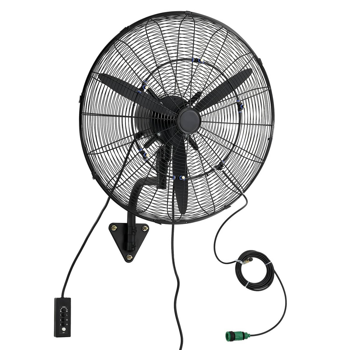Wall-mounted oscillating fan with wire grille and central hub, black.