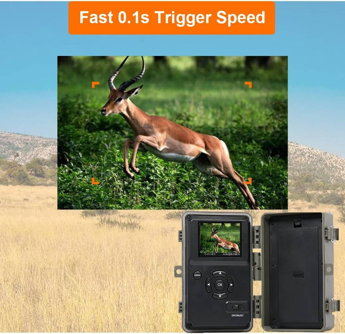 Camouflage trail camera with open front panel and live preview screen