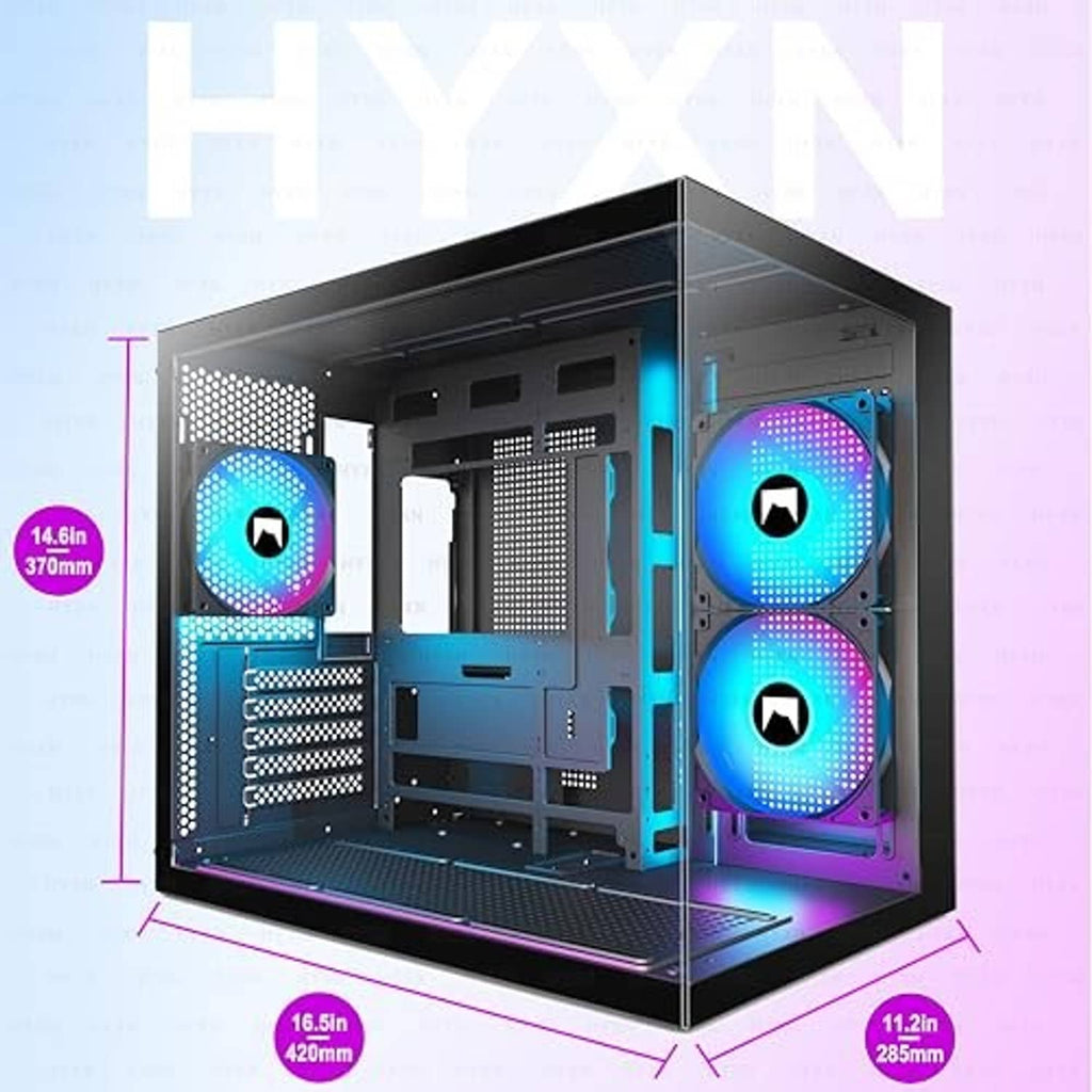 Black dual-cavity PC case with front I/O cutouts and two RGB fan areas behind glass.