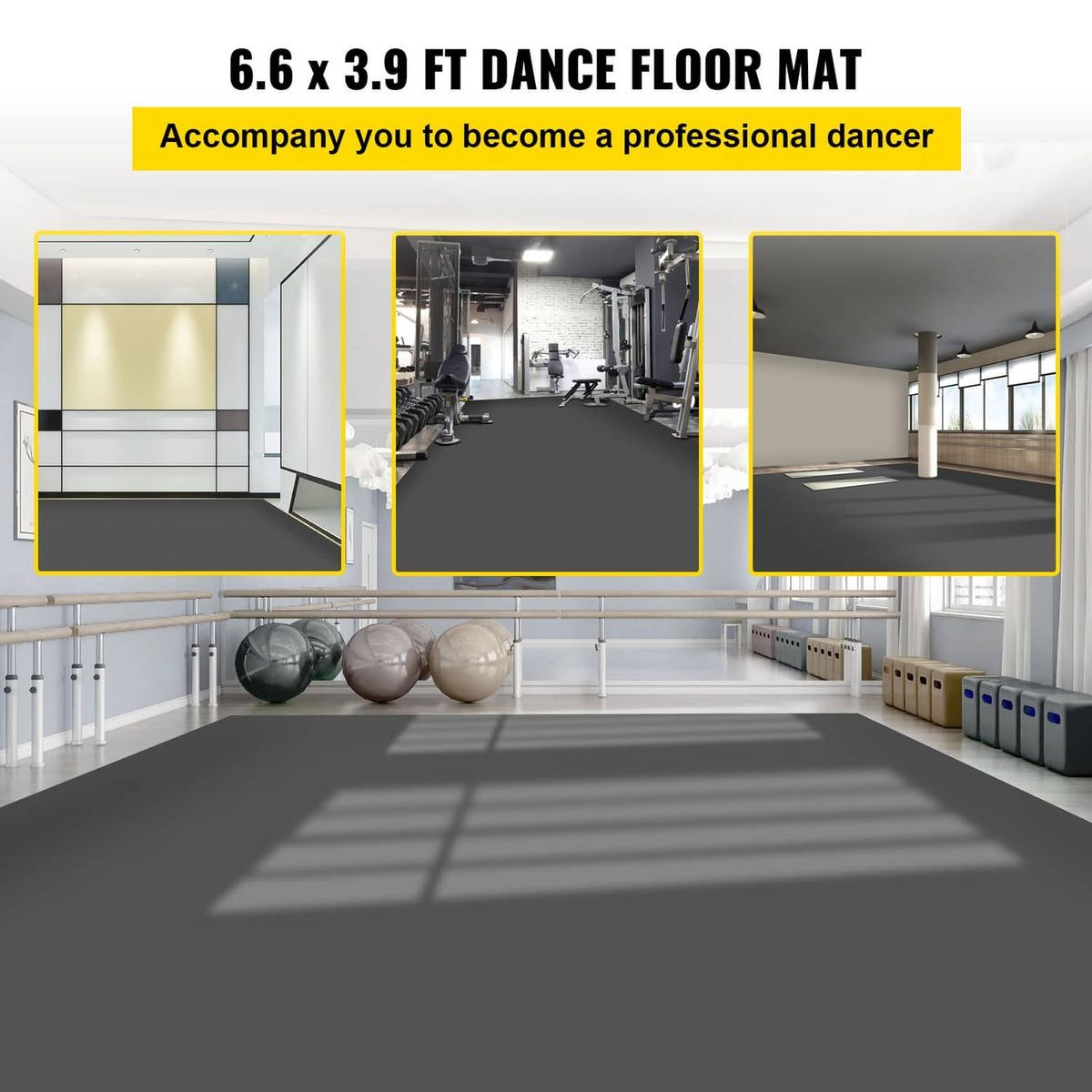 Dark gray dance floor mat laid out in a studio, full mat view