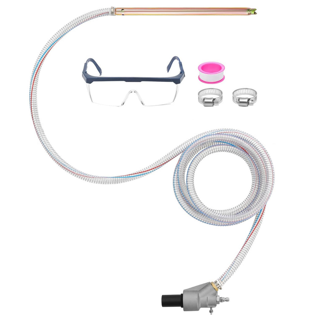 Pressure washer sandblasting kit parts: clear suction hose, goggles, fittings, copper wand