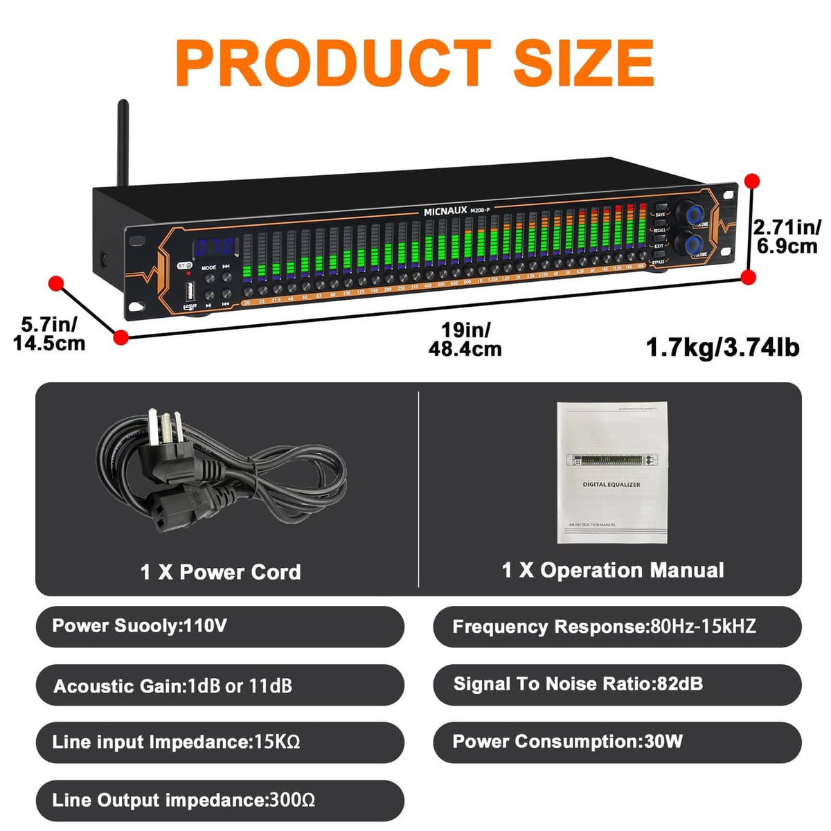 Audio equalizer product size diagram with power cord and operation manual included