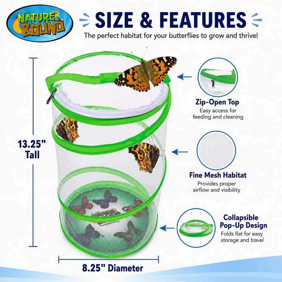 Butterfly habitat container with green collapsible pop-up frame, zip-open top, fine mesh.
