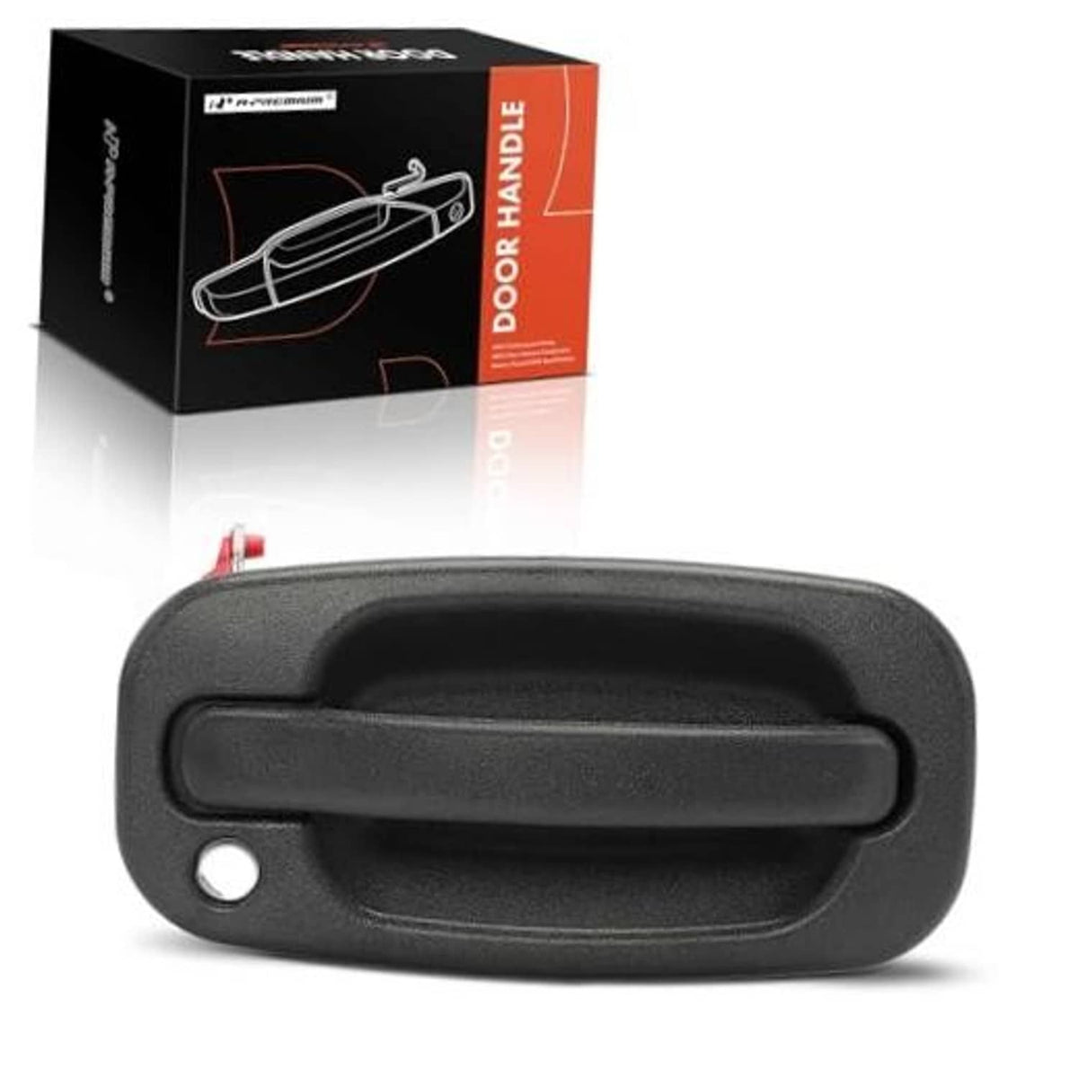 Textured black exterior door handle with round keyhole