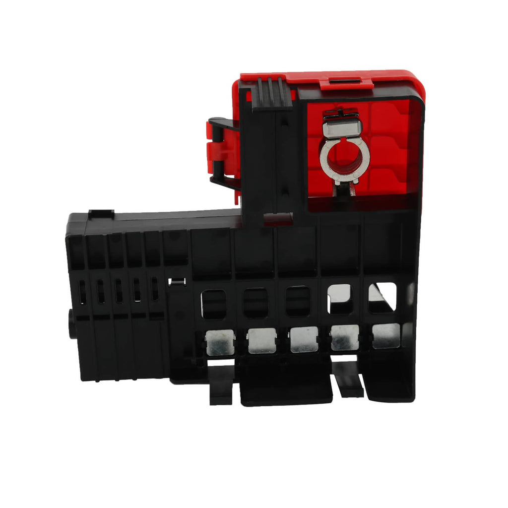 Battery fuse block side view with red cover section and central mounting opening