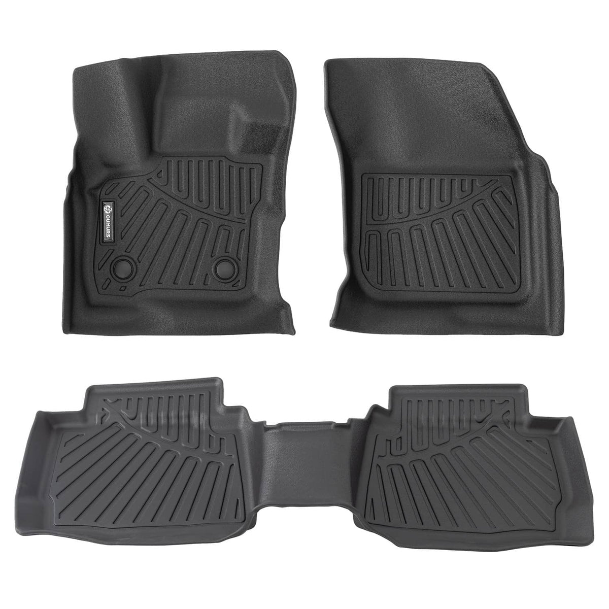 Front-row black rubber floor mats with raised grip ridges and embossed detail