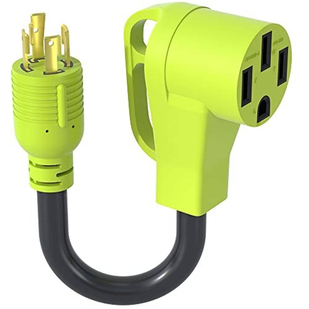 Green RV generator adapter cord with NEMA L14-30P plug and 50A twist-lock outlet
