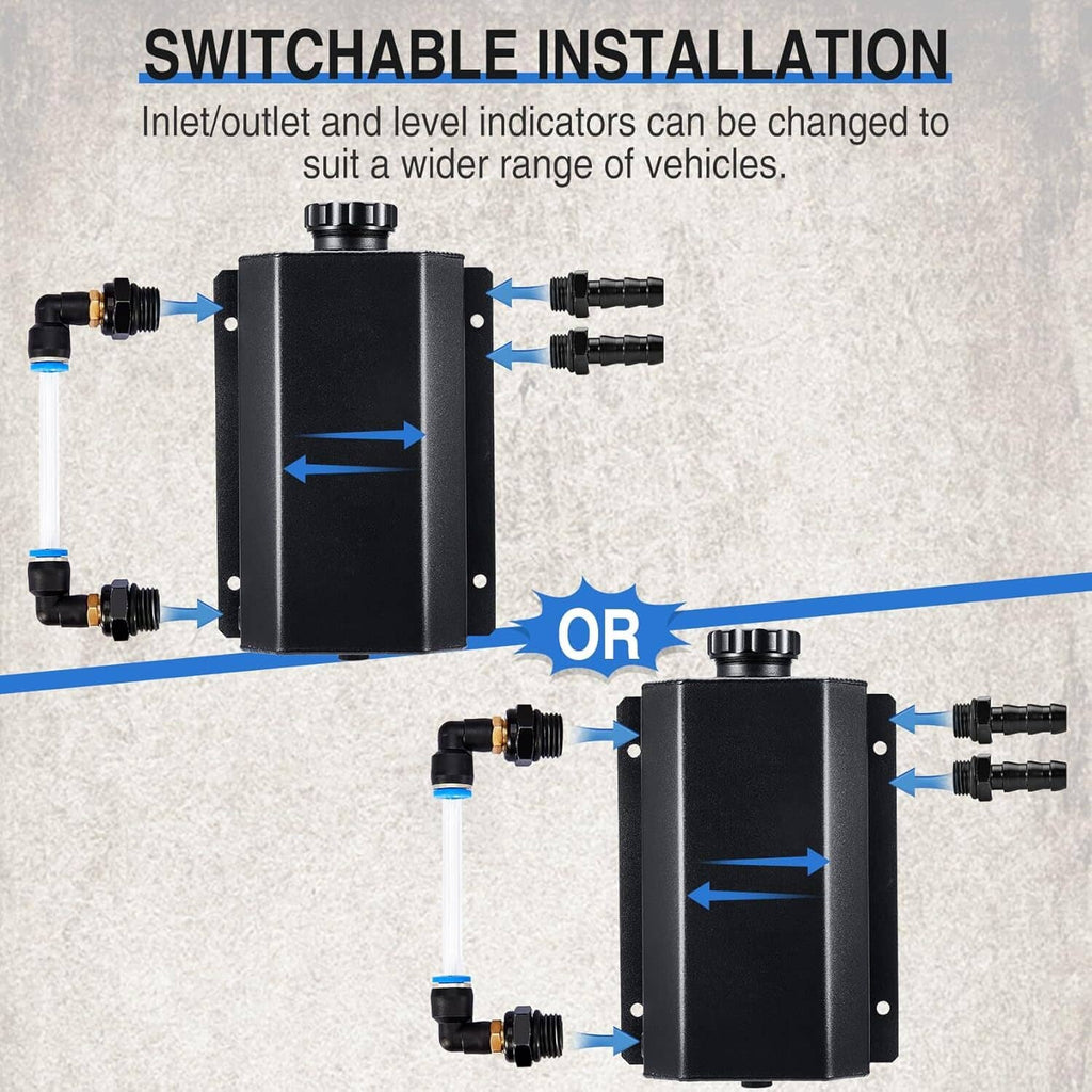 Black coolant reservoir tank with selectable inlet and outlet port positions
