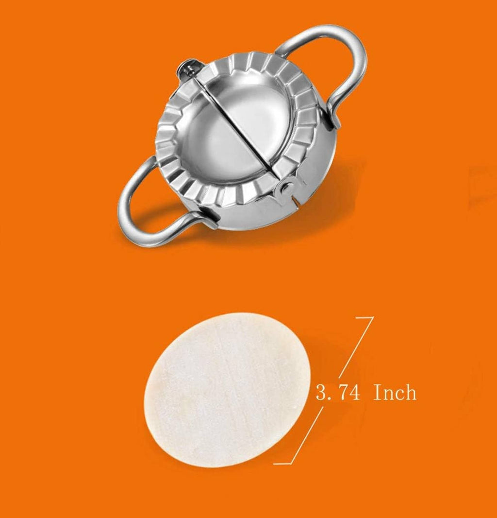 Stainless steel dumpling press with handles shown with round dough disc and size guide