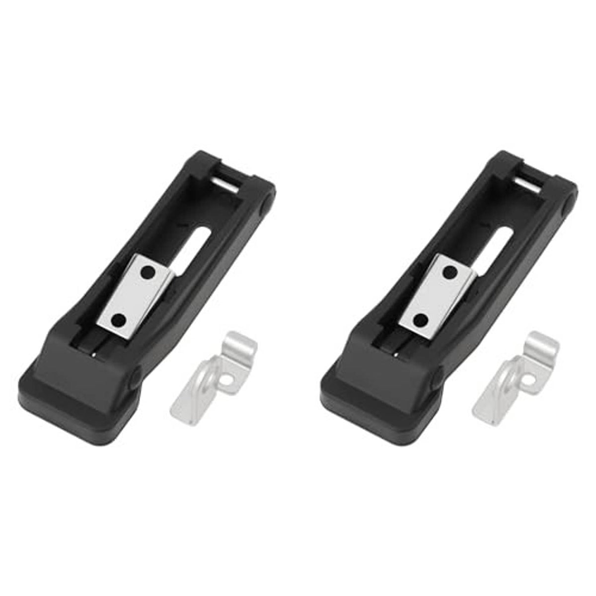 Pair of black rubber ATV latch holders with silver mounting clips and brackets