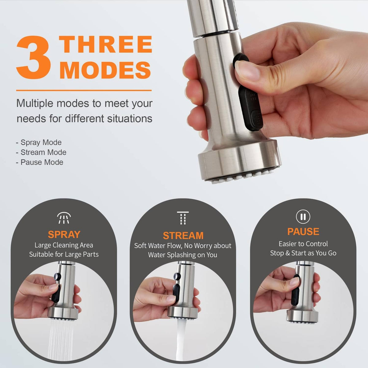 Brushed nickel faucet head held in hand with black control button for spray or stream