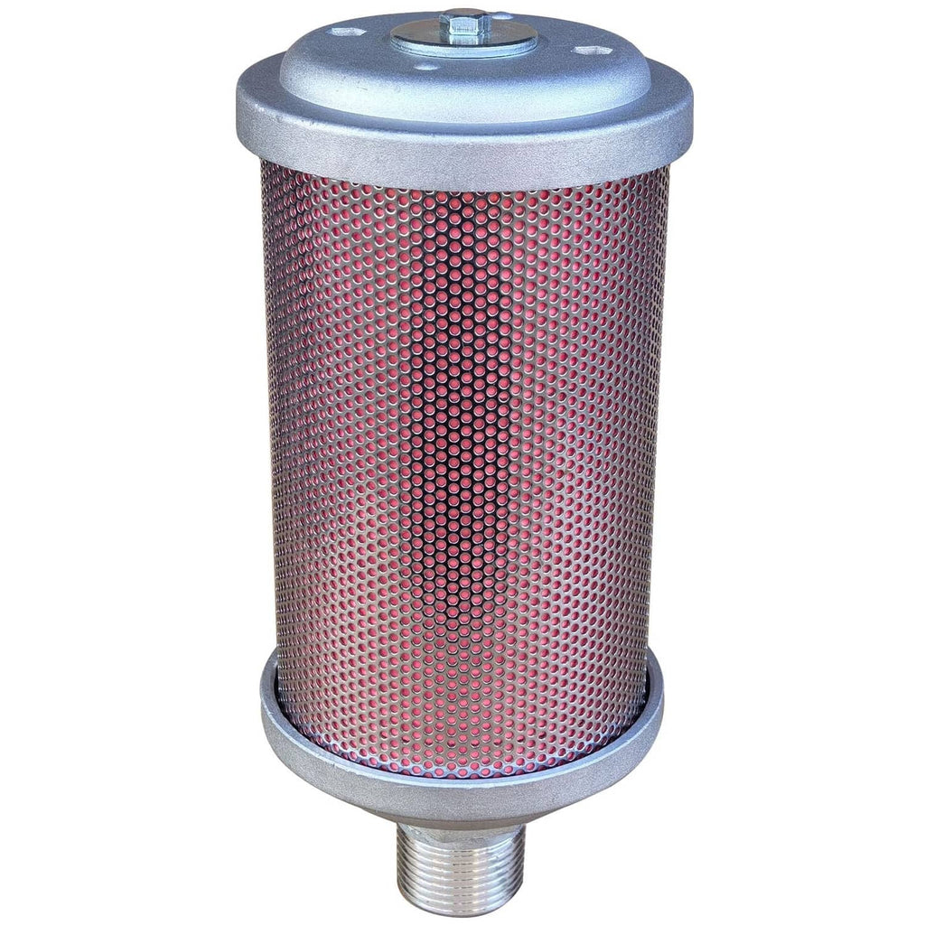 Air muffler with red perforated mesh cylinder, silver cap, and bottom threaded outlet