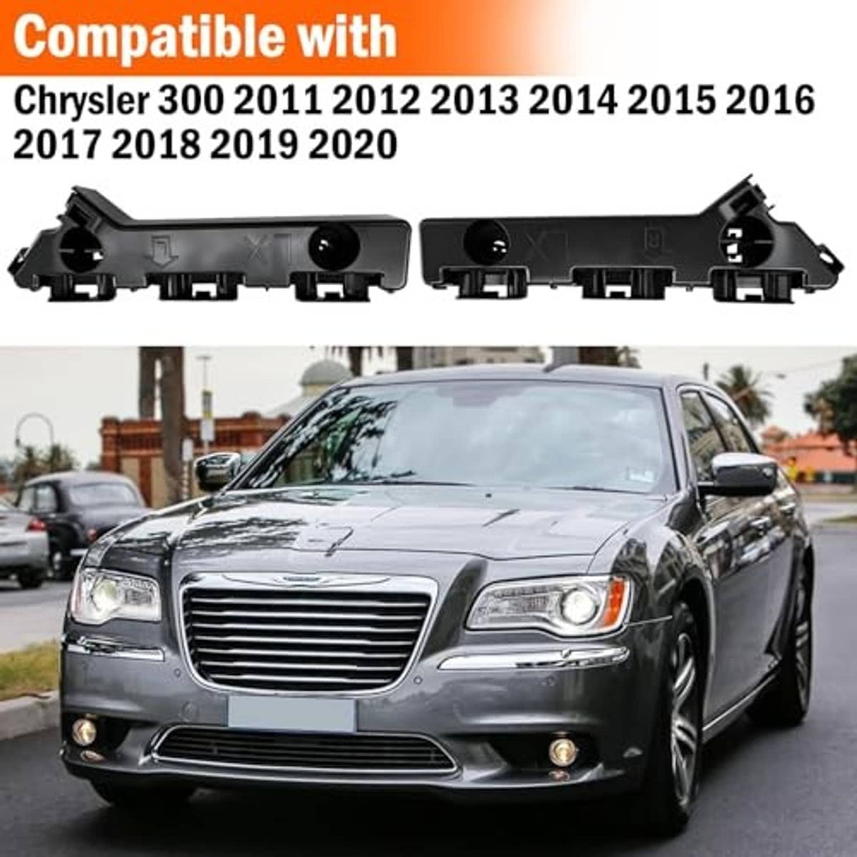 Front bumper brackets, black plastic pair with circular ports and attachment clips