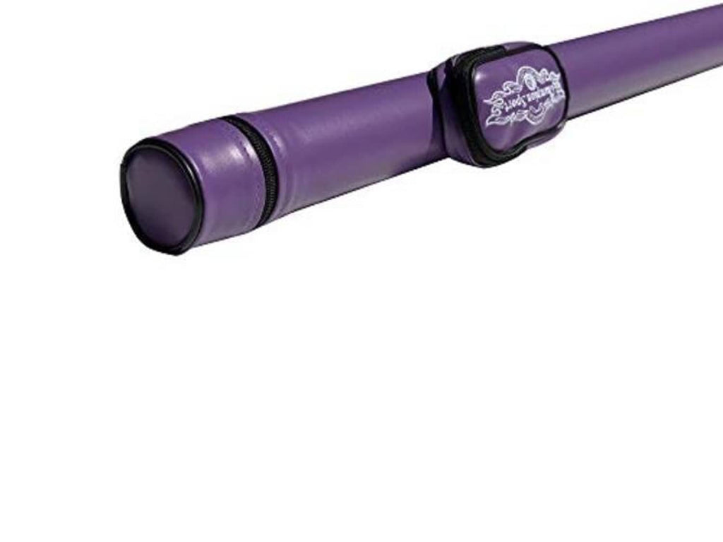 Purple pool cue case with round black end and stitched black band with logo