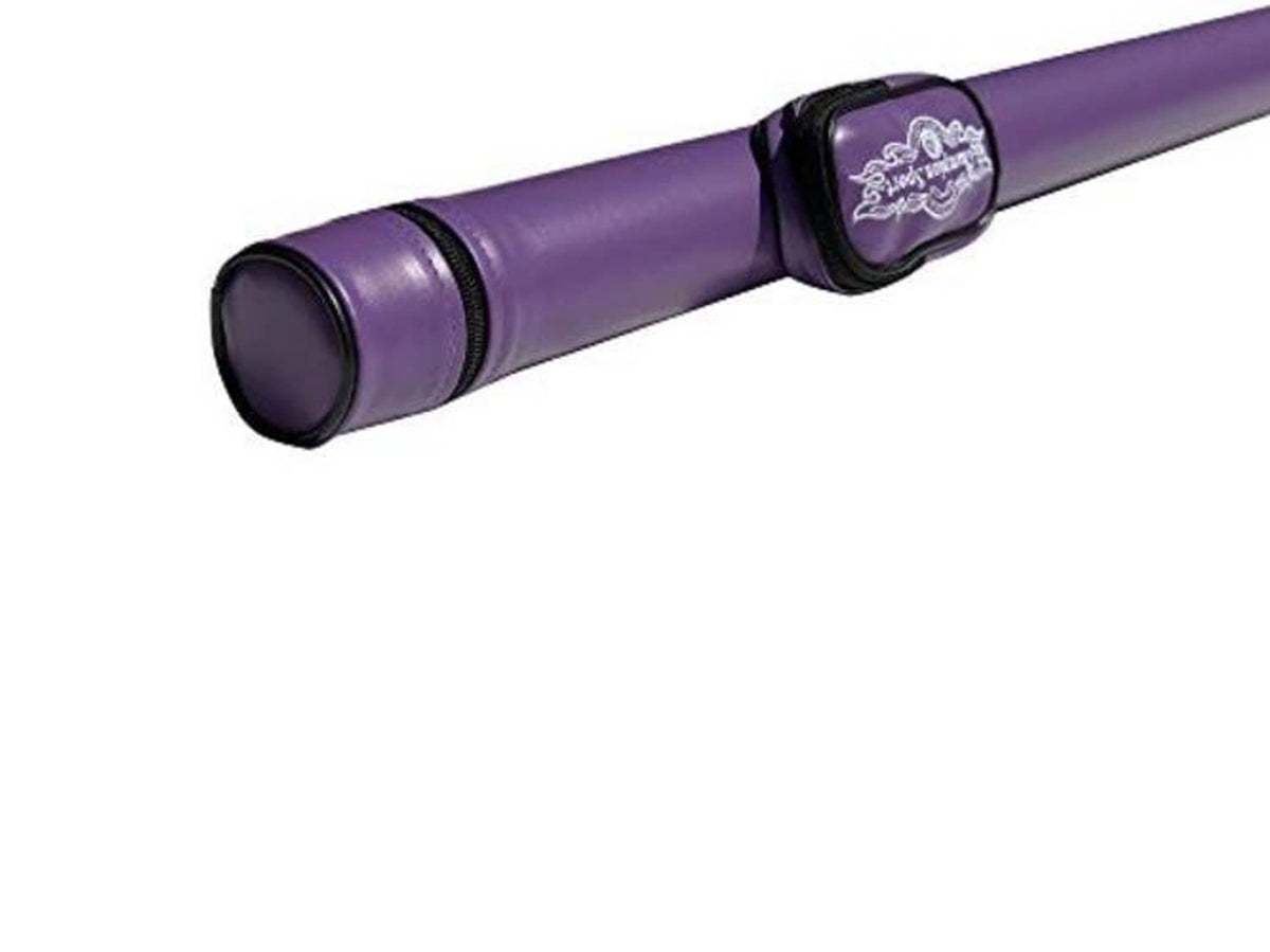 Purple pool cue case with round black end and stitched black band with logo