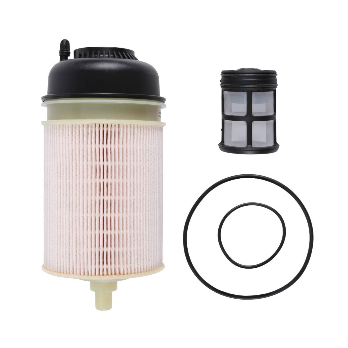 Fuel filter cartridge with black cap, plus small mesh filter and O-ring