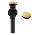 Bathroom pop-up sink drain with overflow, brushed gold cap and black body