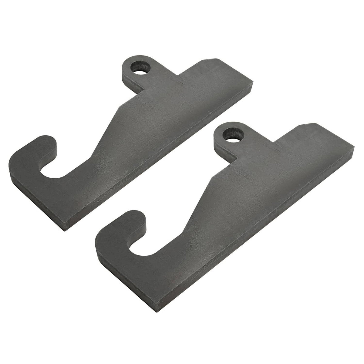 Pair of dark steel loader brackets with top mounting holes and curved U cutouts