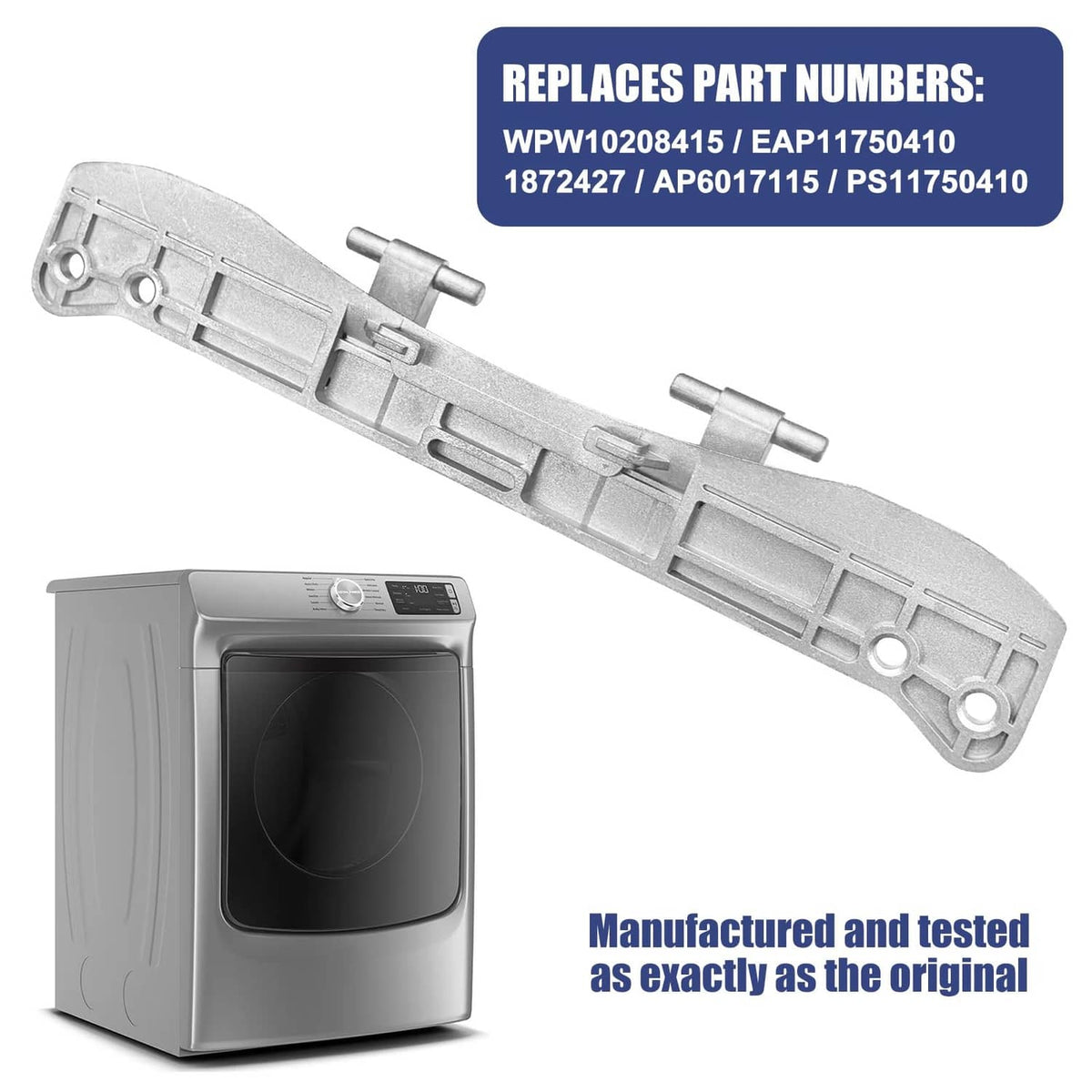 Metal replacement washer door hinge assembly with mounting holes and pins