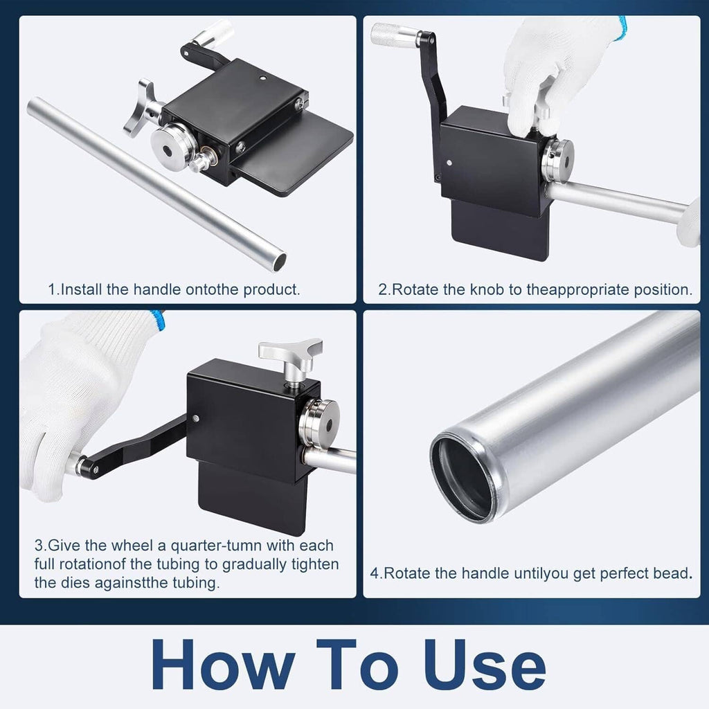 Tube pipe bead roller tool steps with handle installation and roller engagement