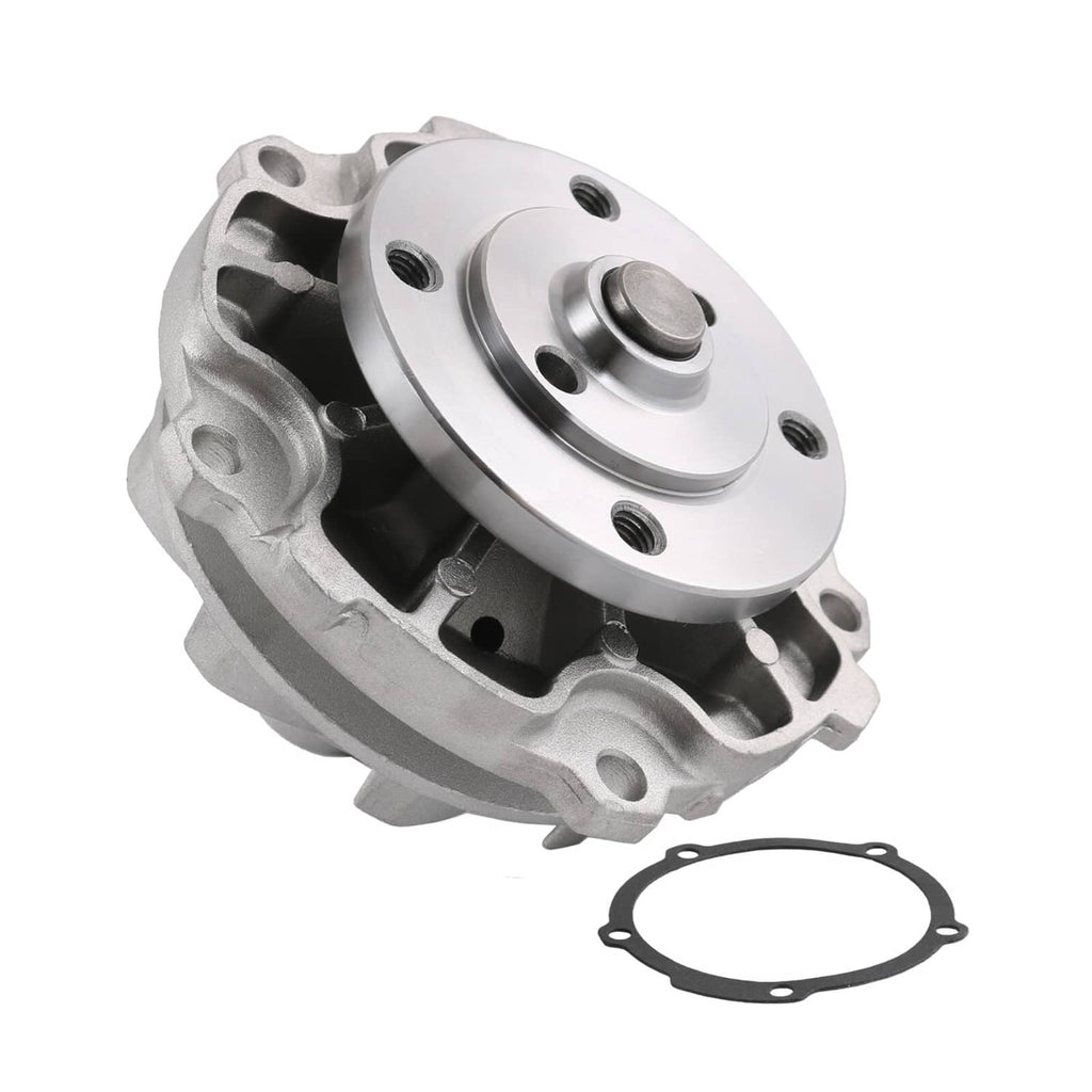 Metal water pump with pulley hub and mounting flange; includes gasket