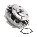 Metal water pump with pulley hub and mounting flange; includes gasket