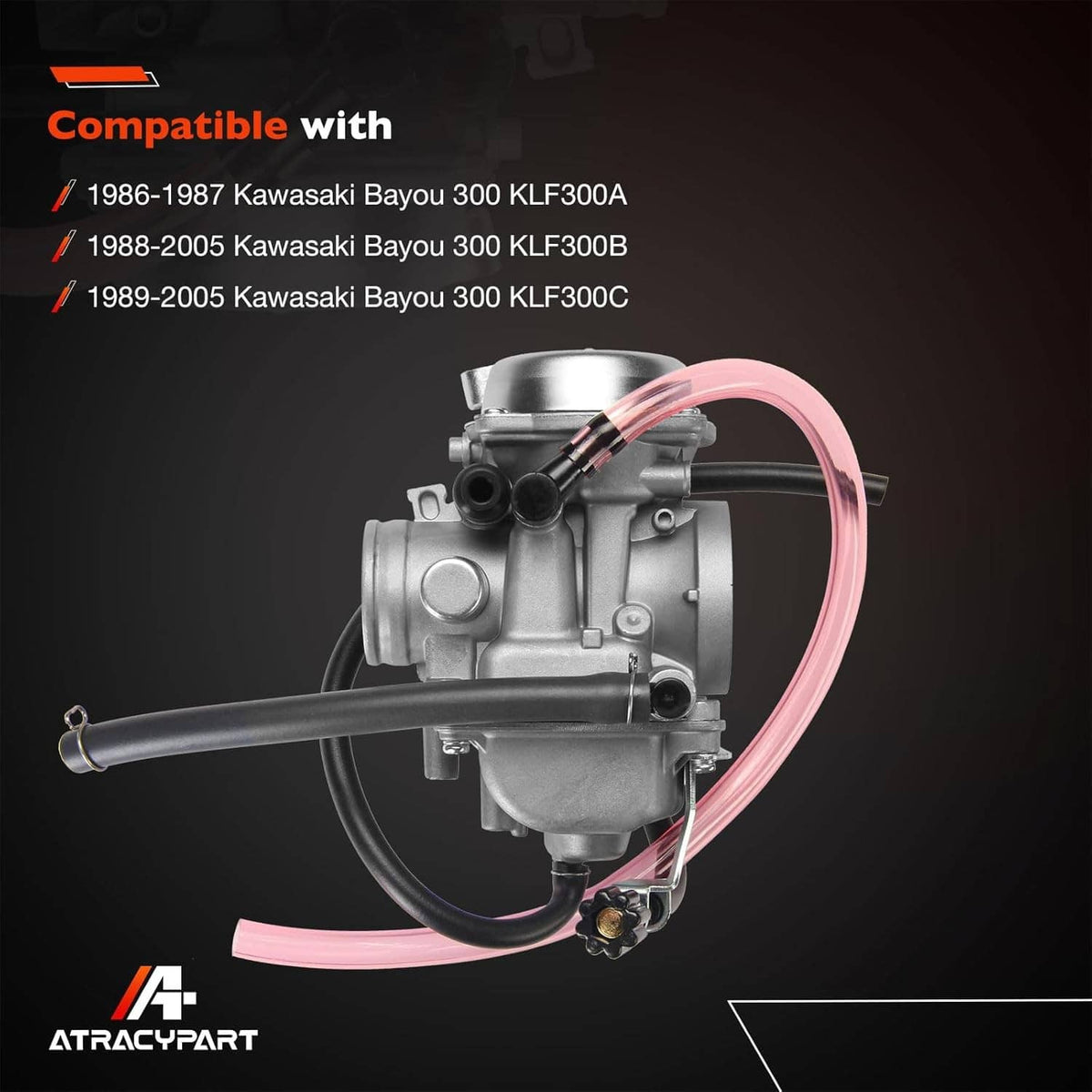 Carburetor assembly with pink hose, shown compatibility list for Kawasaki Bayou 300