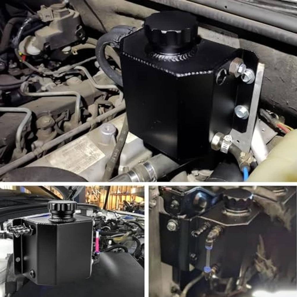 Black coolant overflow tank mounted with hoses and metal bracket in engine bay