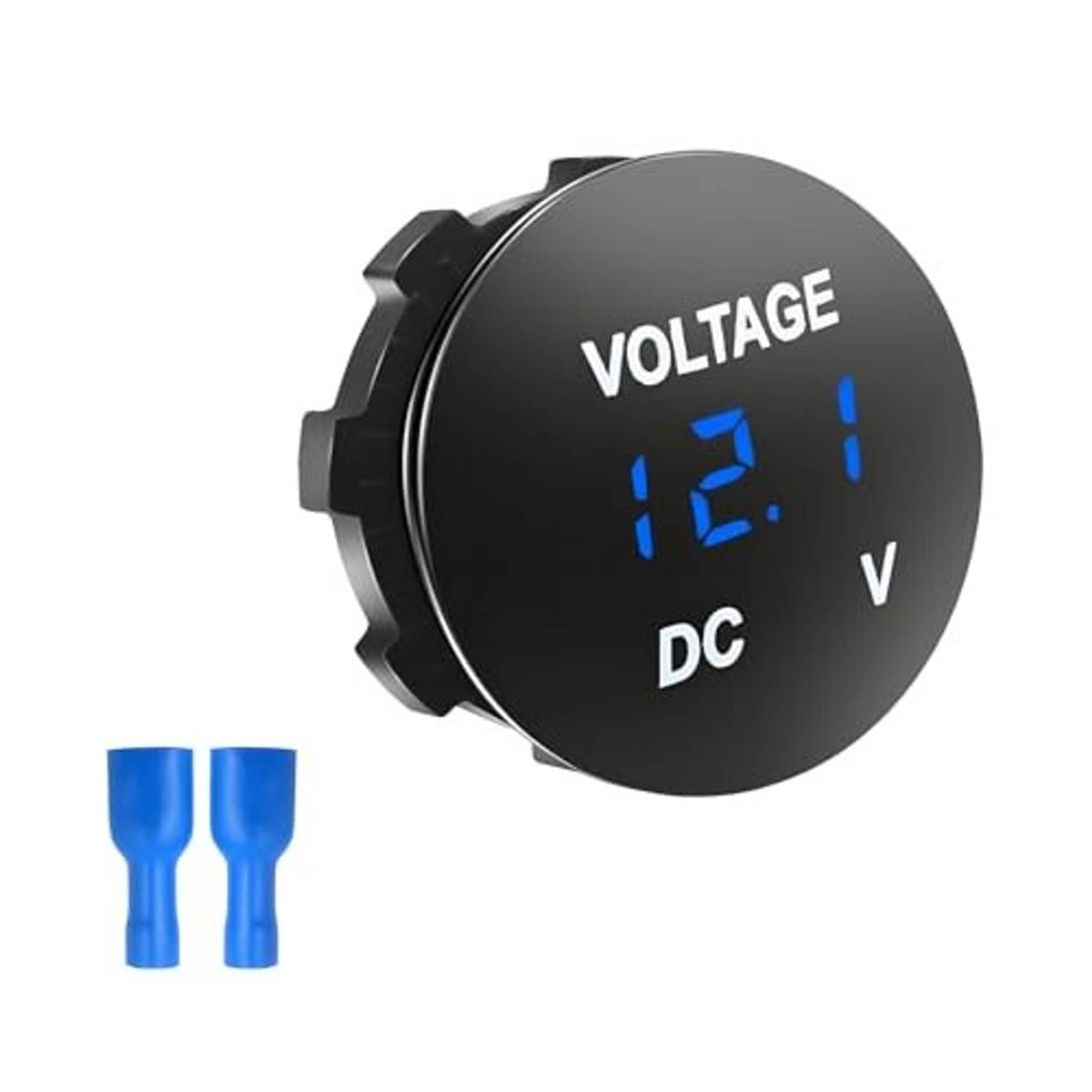Black circular DC voltmeter gauge with blue LED voltage reading and mounting tabs