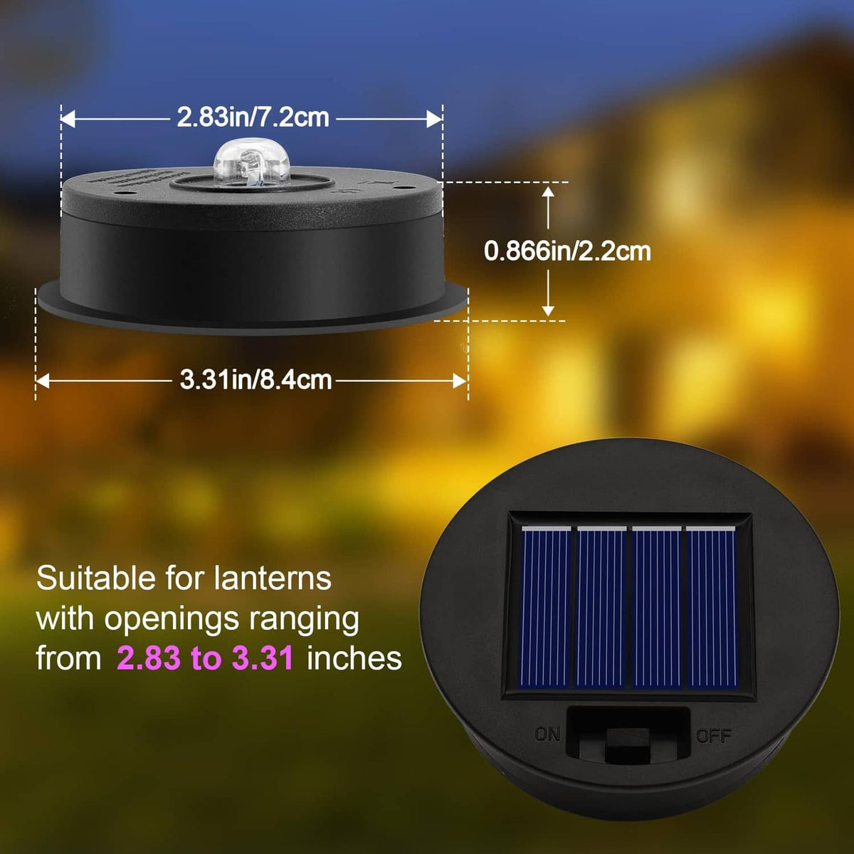 Black round solar light replacement top with blue solar panel and ON/OFF switch, front view