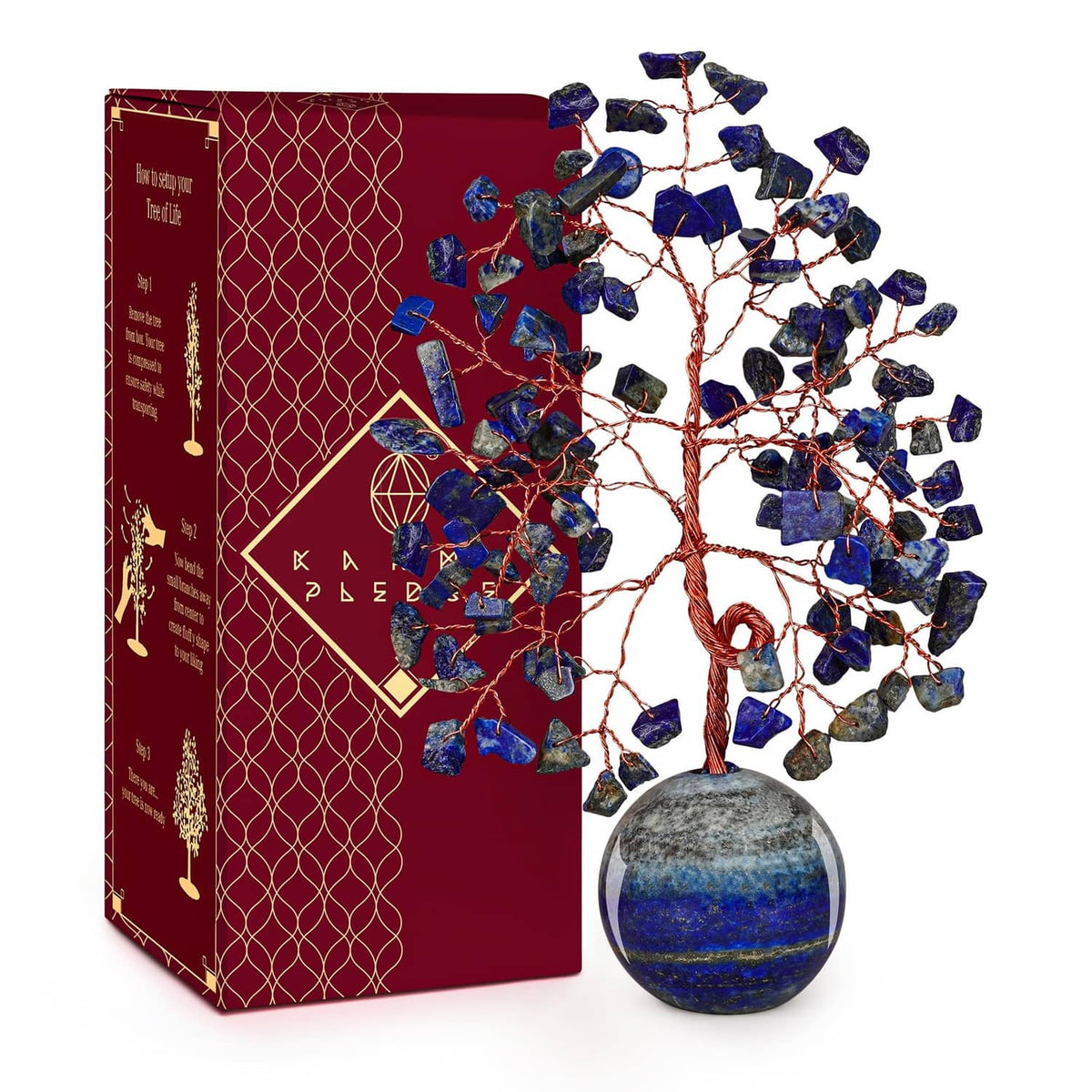Crystal Tree of Life ornament with lapis lazuli chips and round blue stone base